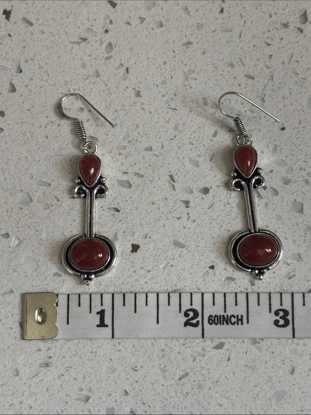 Silver Red Carnelian Gemstone Drop Dangle Earrings - Picture 5 of 8